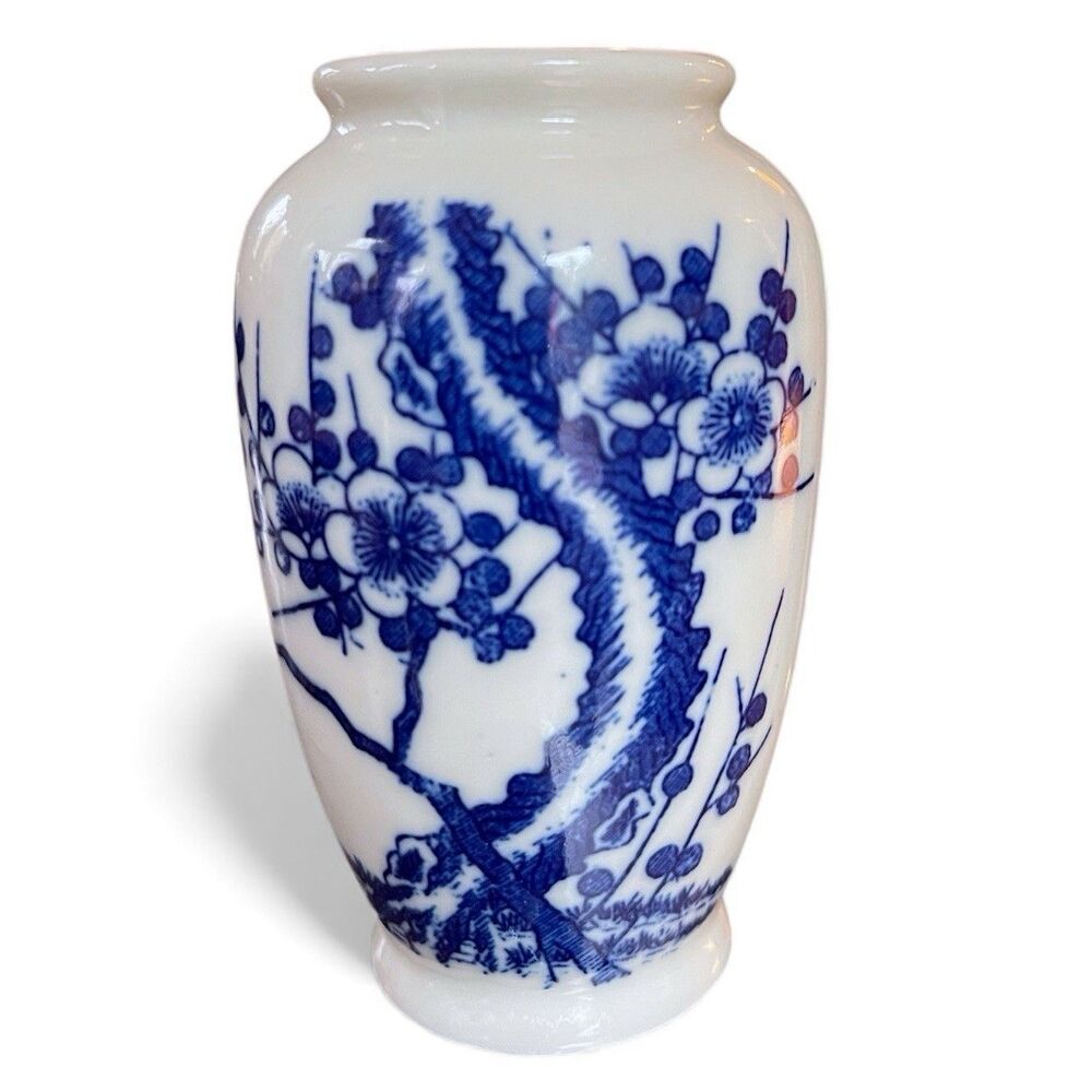 VTG Price Imports Japan Small Cherry Blossom Blue & Off White Vase 3.75" Tall